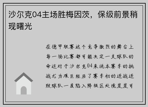 沙尔克04主场胜梅因茨，保级前景稍现曙光